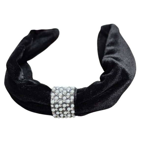 Black Velvet Headband With Pearl & Rhinestone Accent - Picture 2 of 3
